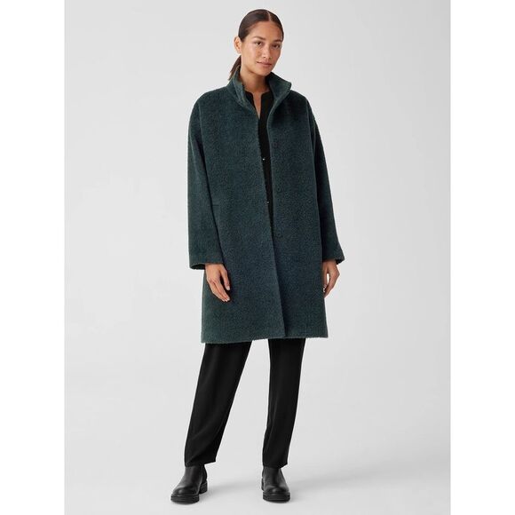 Eileen Fisher Sheared Suri Alpaca Wool Stand Collar Coat  Dark Green Coat Medium - Picture 1 of 8